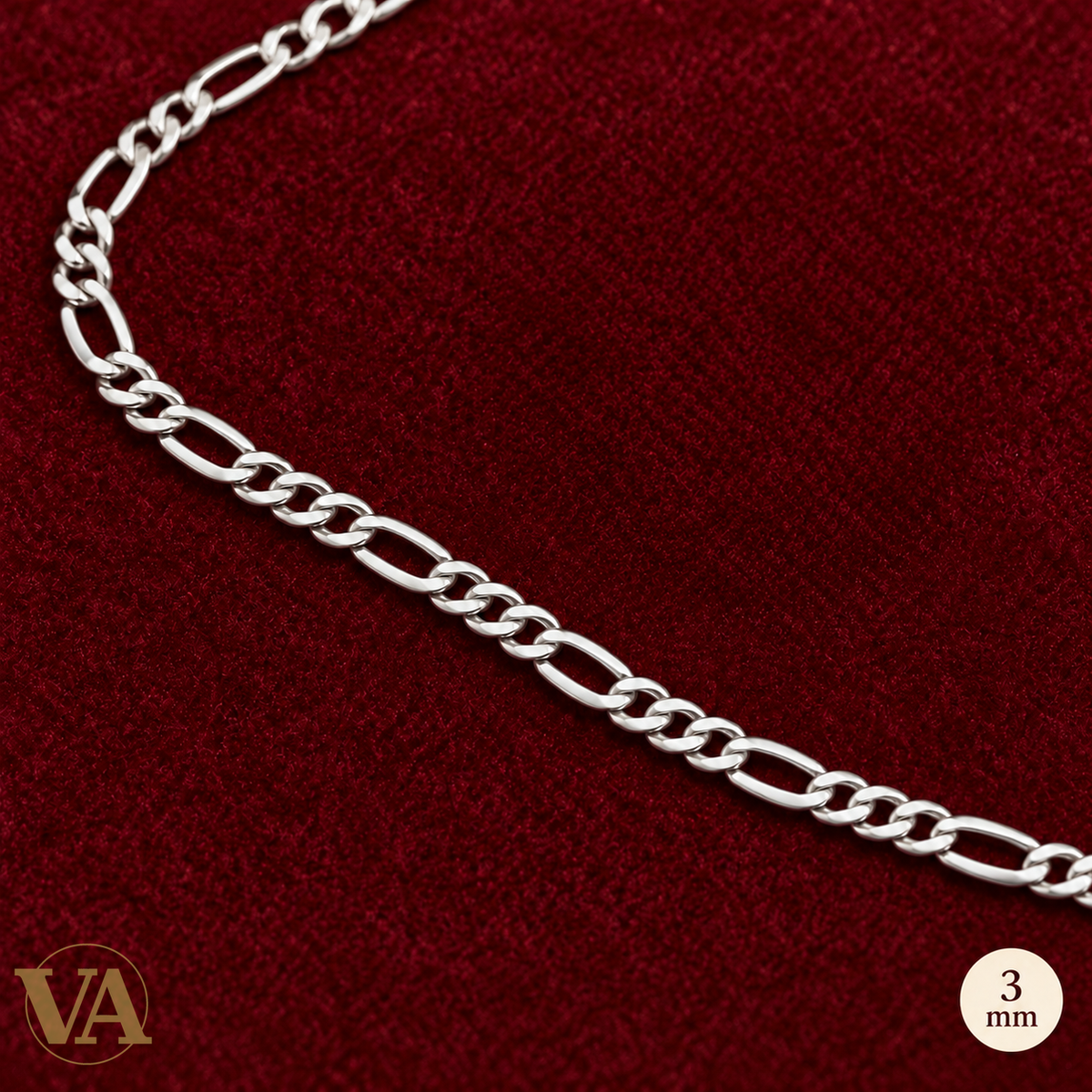 Chaîne Homme Argent 925 – Figaro 1+3 diamantée 4 faces 3 mm — chaîne entière