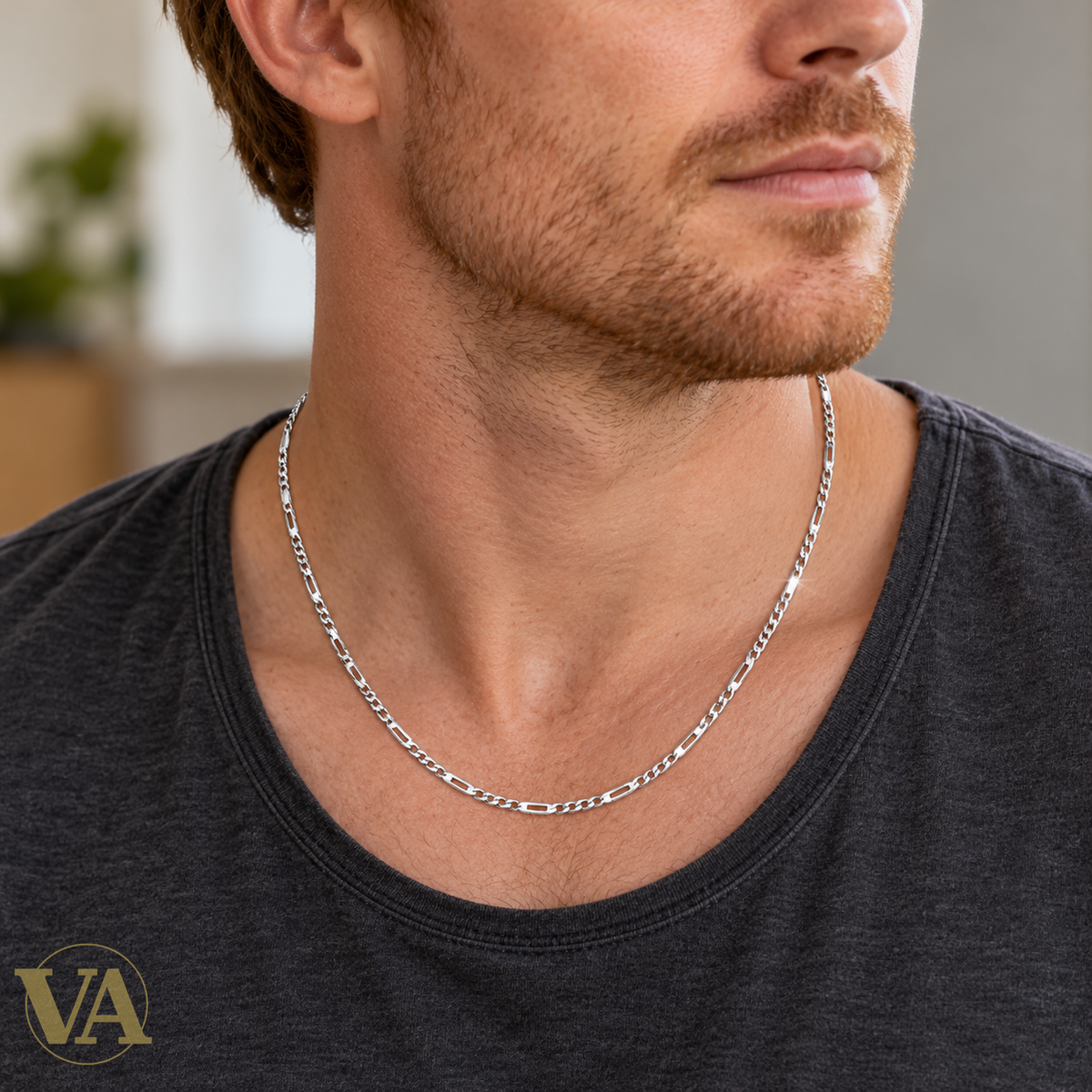 Chaîne Homme Argent 925 – Figaro 1+3 diamantée 4 faces 3 mm — portée, vue rapprochée