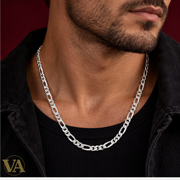 Chaîne homme argent 925 Figaro 1+3 diamantée 6 mm – 55 cm — portée avec tombé fidèle à la longueur