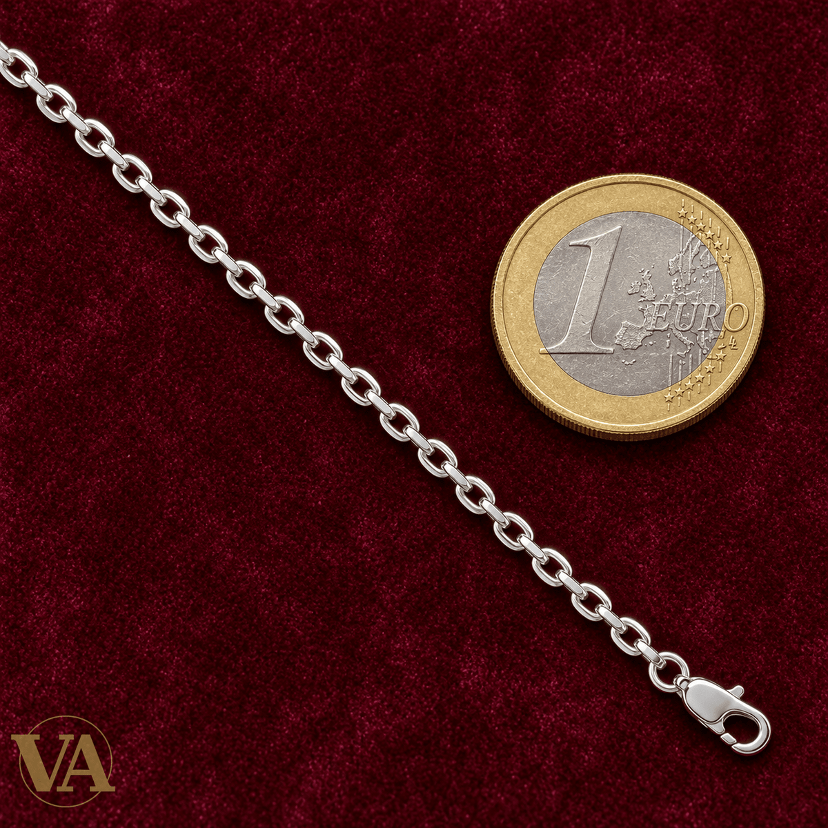 Détail chaîne 725100 à côté d’une pièce de 1 euro — repère visuel de largeur