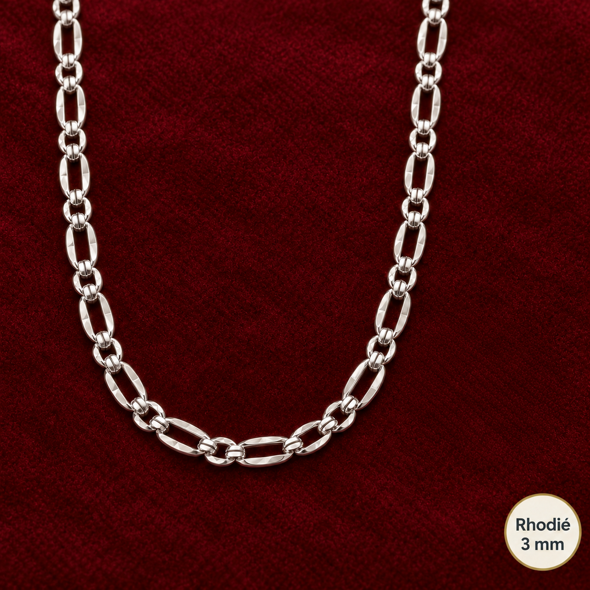Chaîne Homme Argent 925 – Figaro 1+1 diamantée 4 faces Rhodiée 3 mm - Argent 925 - Vindicta