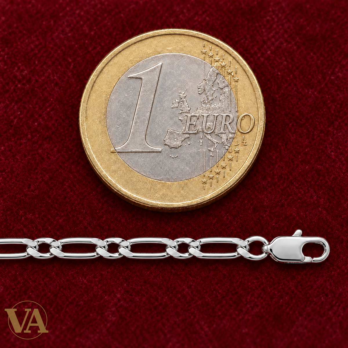 Chaîne Homme Argent 925 – Figaro 1+2 diamantée 4 faces rhodiée 3 mm — détail de maille et repère de taille avec une pièce de 1 euro