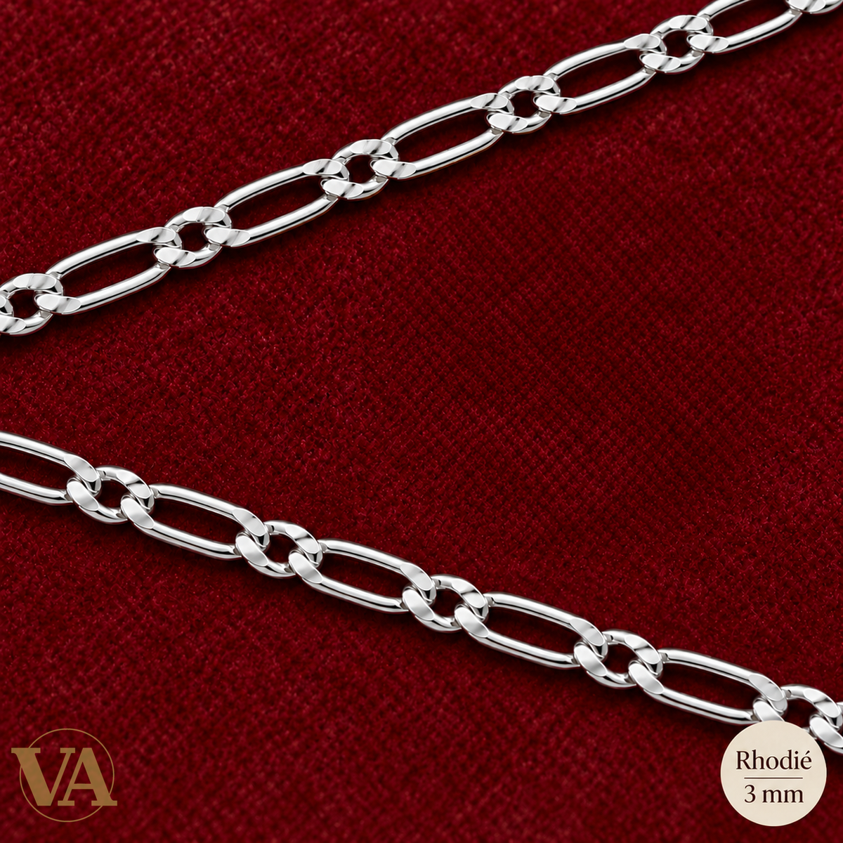 Chaîne Homme Argent 925 – Figaro 1+2 diamantée 4 faces rhodiée 3 mm — chaîne entière