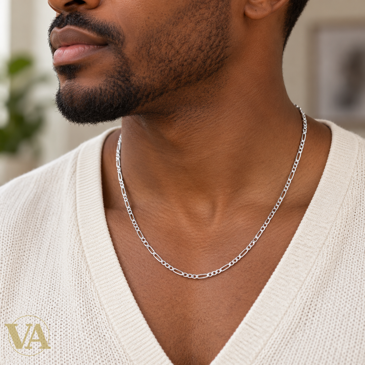 Chaîne Homme Argent 925 – Figaro 1+2 diamantée 4 faces rhodiée 3 mm — autre vue portée