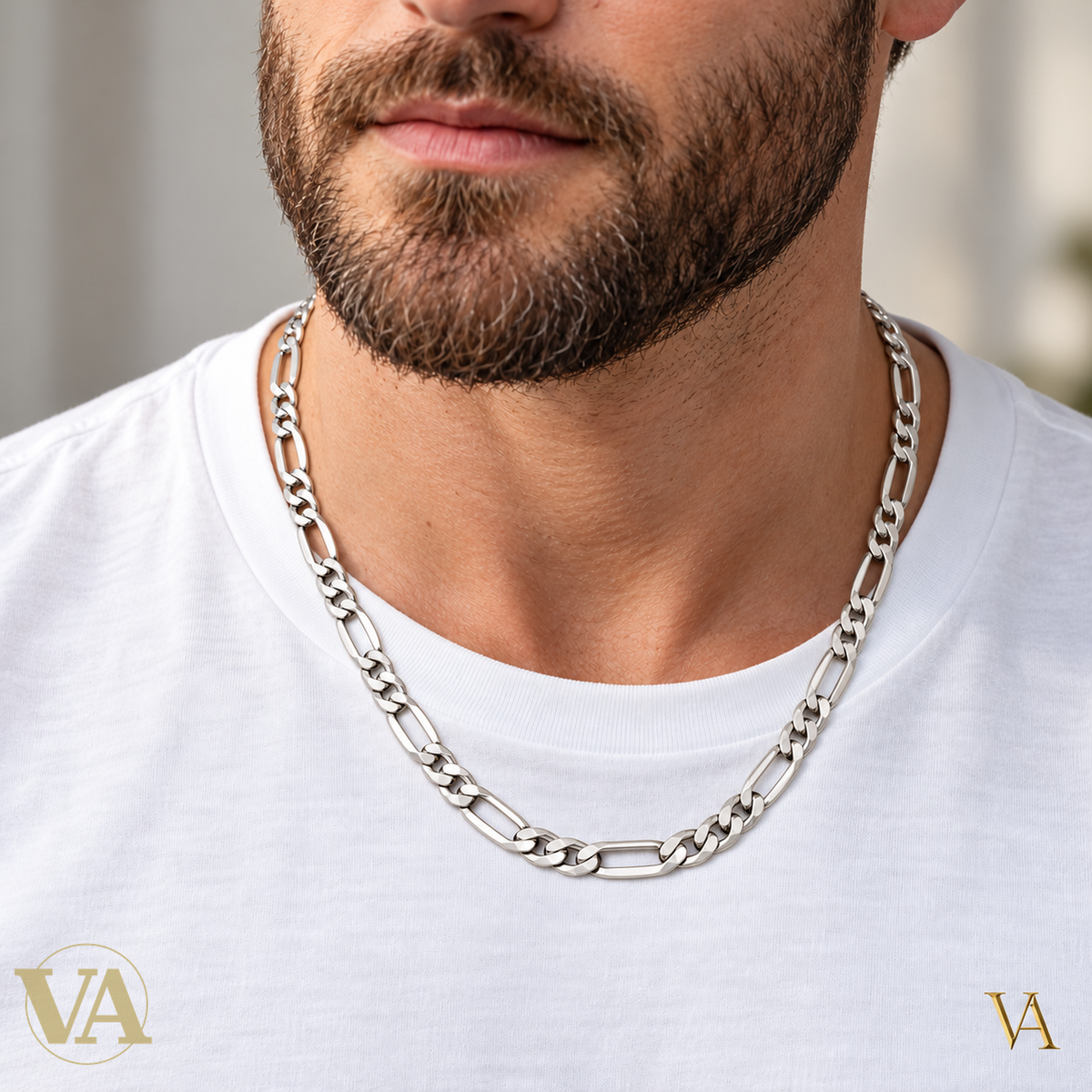Chaîne Homme Argent 925 – Figaro 1+2 diamantée 4 faces Rhodiée 6 mm — gros plan porté