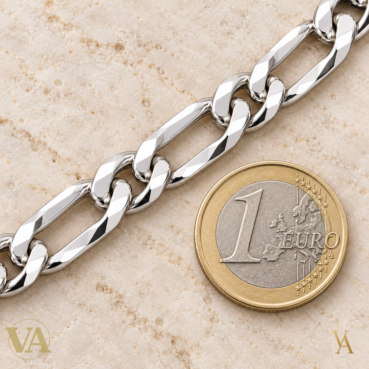 Chaîne Homme Argent 925 – Figaro 1+2 diamantée 4 faces Rhodiée 6 mm — comparaison avec une pièce de 1 euro