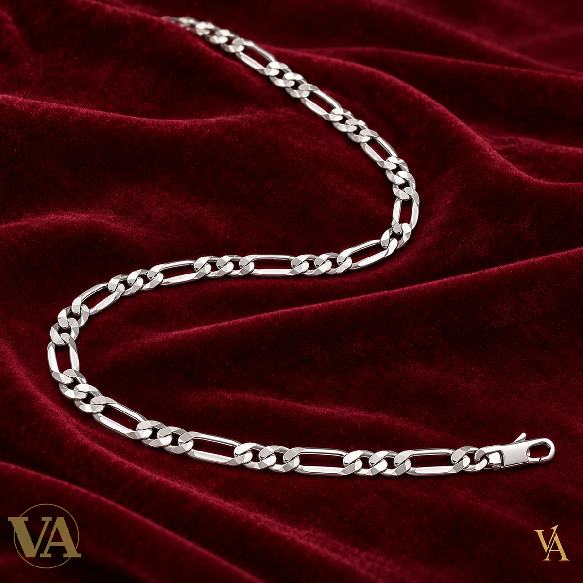 Chaîne Homme Argent 925 – Figaro 1+2 diamantée 4 faces Rhodiée 6 mm — fond bordeaux