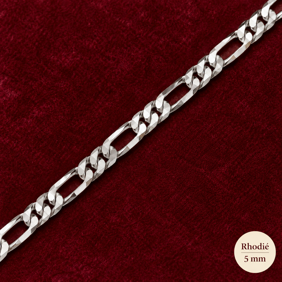 Chaîne Homme Argent 925 – Figaro 1+3 diamantée 4 faces Rhodiée 5 mm - Argent 925 - Vindicta