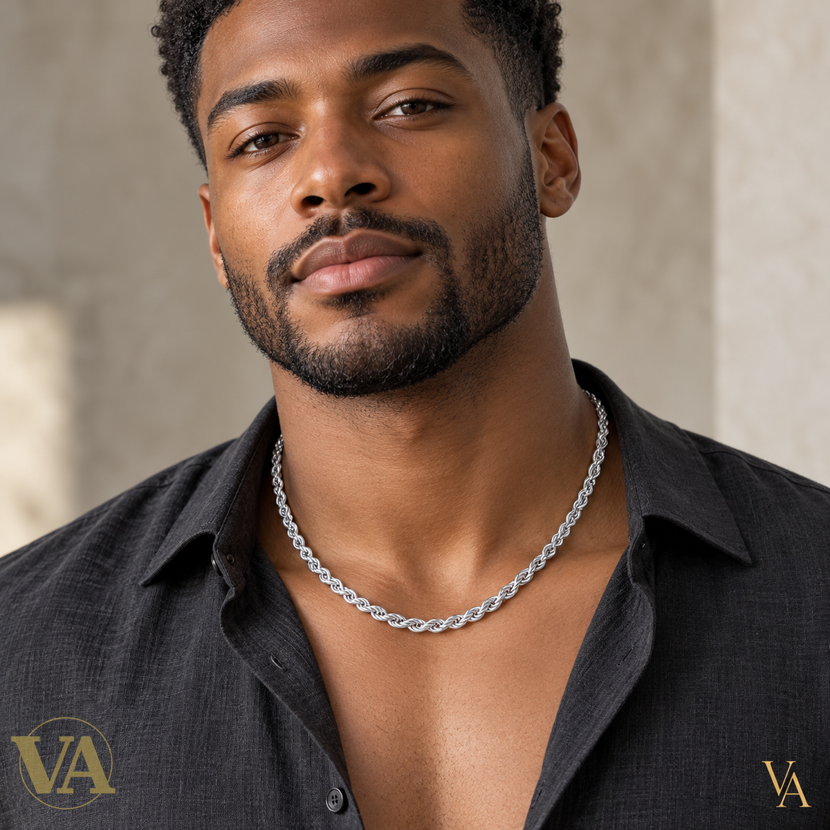 Chaîne Homme Argent 925 – Corde ronde torsadée Rhodiée 4 mm — portrait homme noir