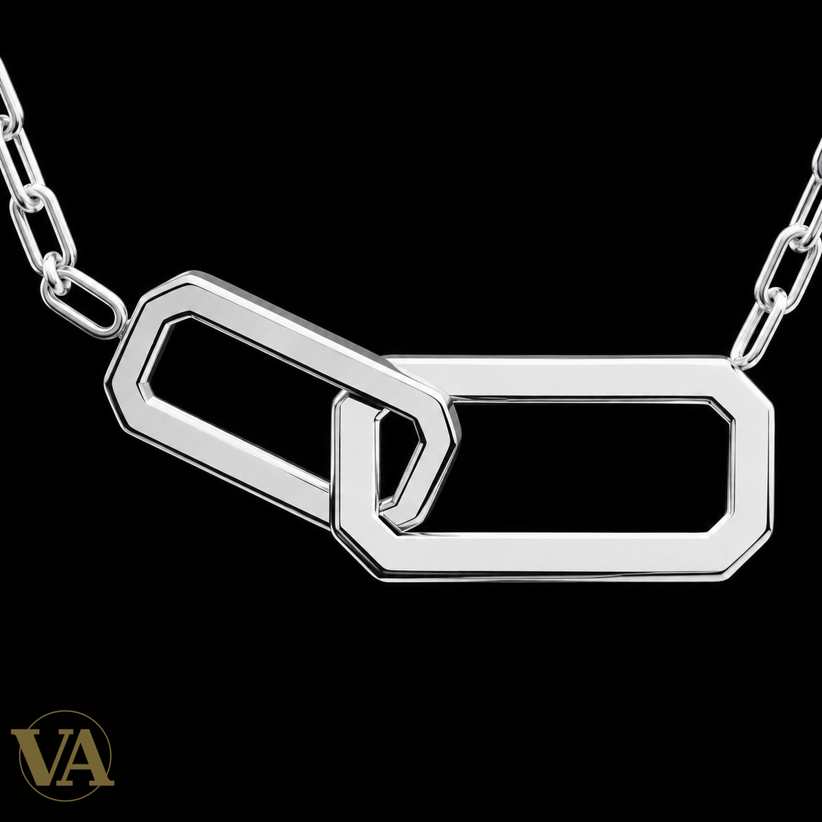 Collier femme argent 925 rhodié deux maillons rectangulaires entrelacés 45 cm — zoom du détail