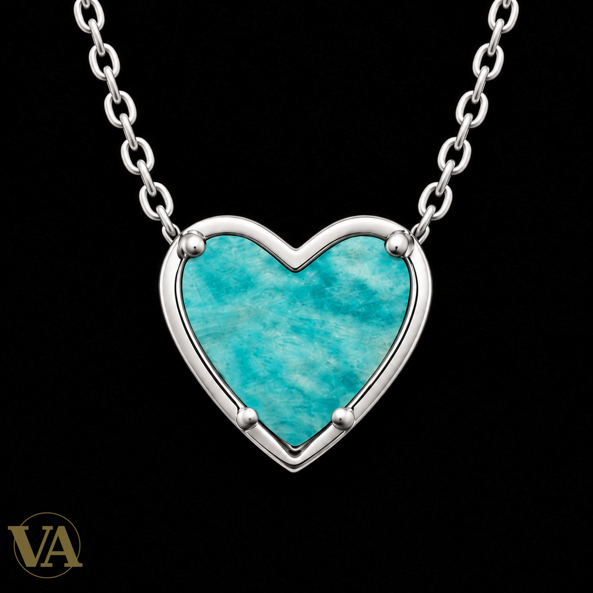 Collier femme argent 925 rhodié cœur amazonite — 45 cm — gros plan du détail