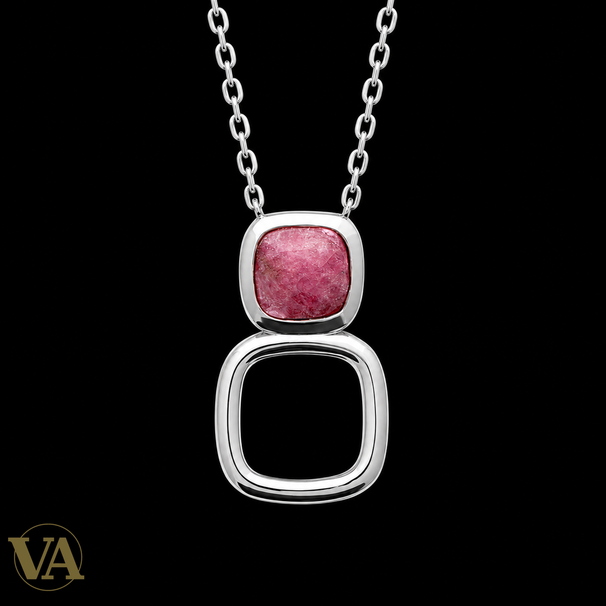 Collier rhodonite et carré ajouré en argent 925 rhodié — 45 cm