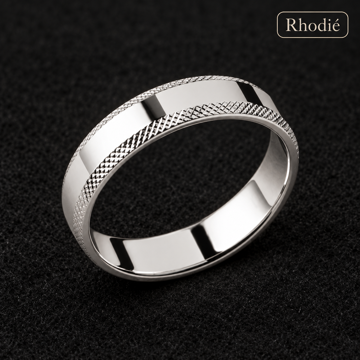 Anneau homme argent 925 rhodié — Bords finement quadrillés — vue principale