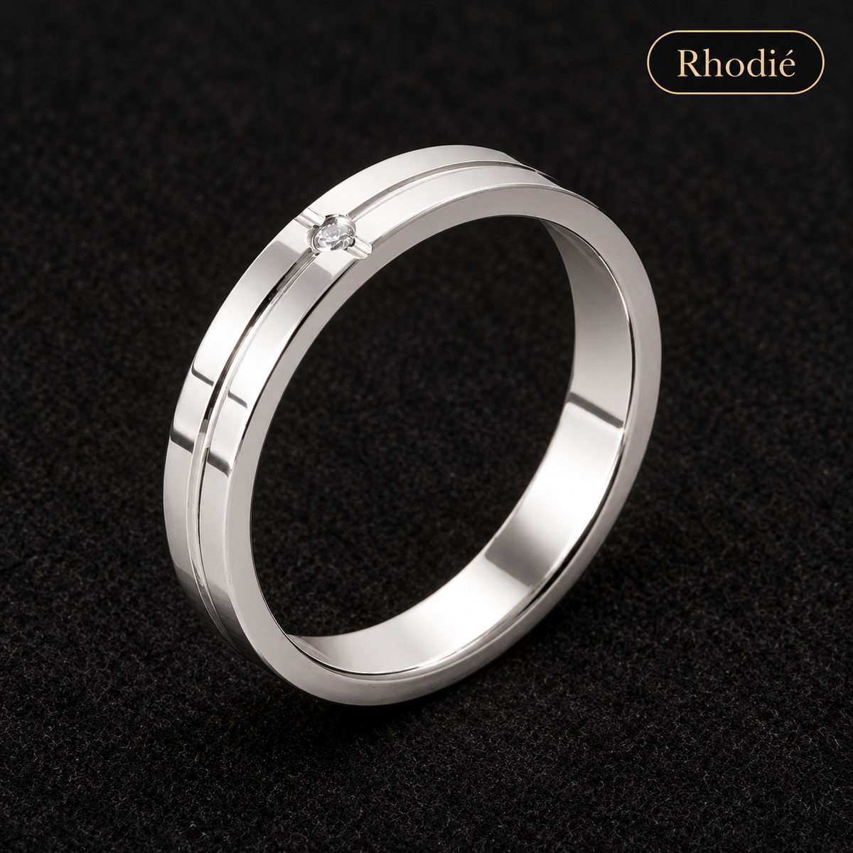 Anneau homme argent 925 rhodié — Ligne centrale et zirconium — vue principale