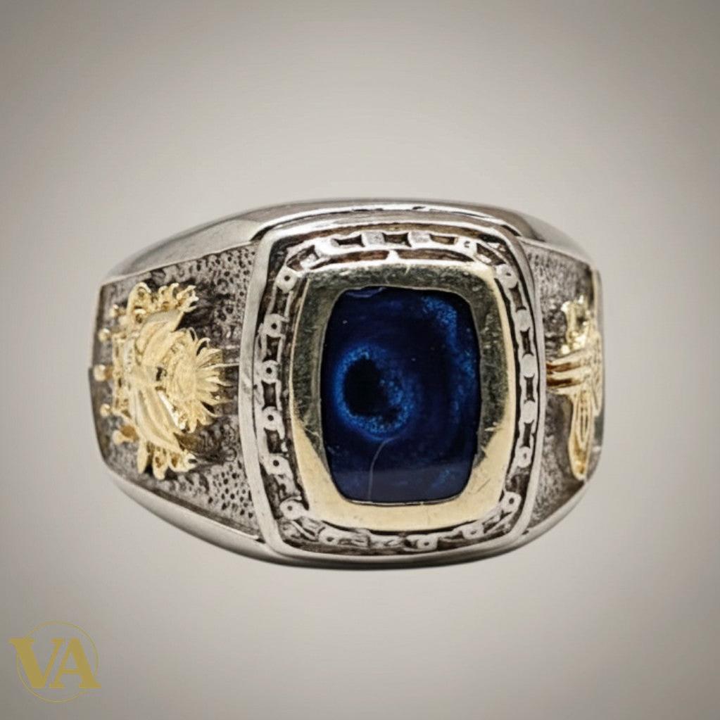 Bague homme argent 925 – Agate Bleue & Aigle Bicéphale Doré | Bijoux Vindicta