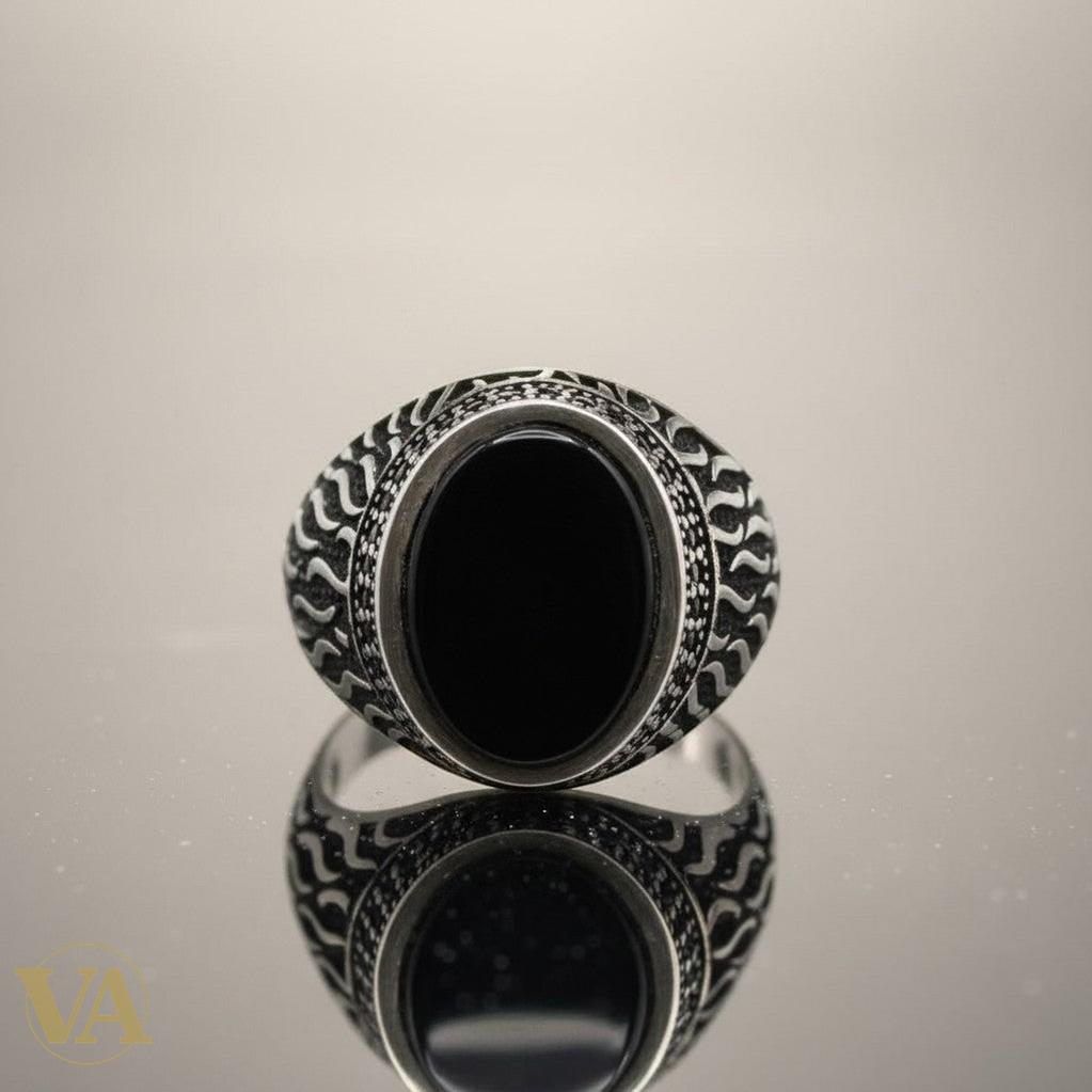 Bague Homme Argent 925 Onyx Noir Ovale – Motif Flammes Ottoman | Bijoux Vindicta