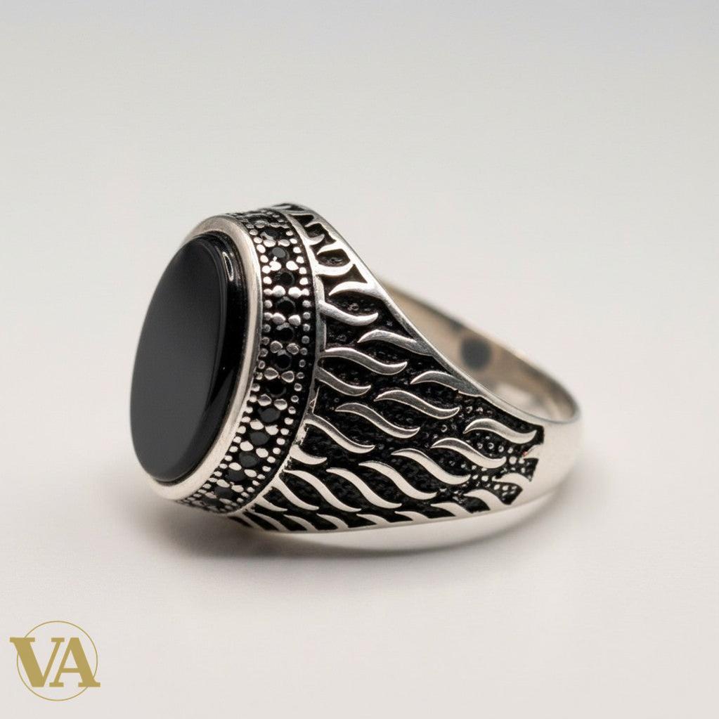 Bague Homme Argent 925 Onyx Noir Ovale – Motif Flammes Ottoman | Bijoux Vindicta