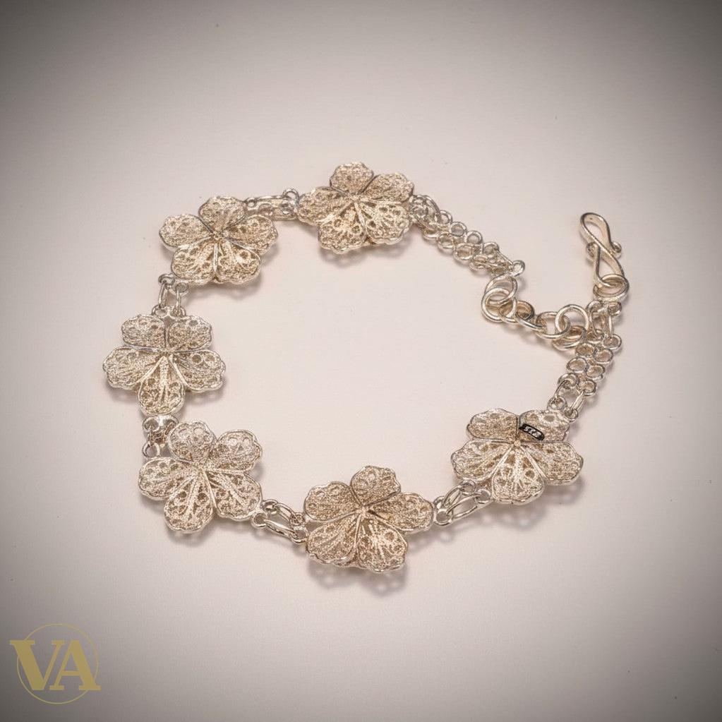 Bracelet Femme Argent 925 Massif – Fleurs 4 Pétales Filigranes | Bijoux Vindicta