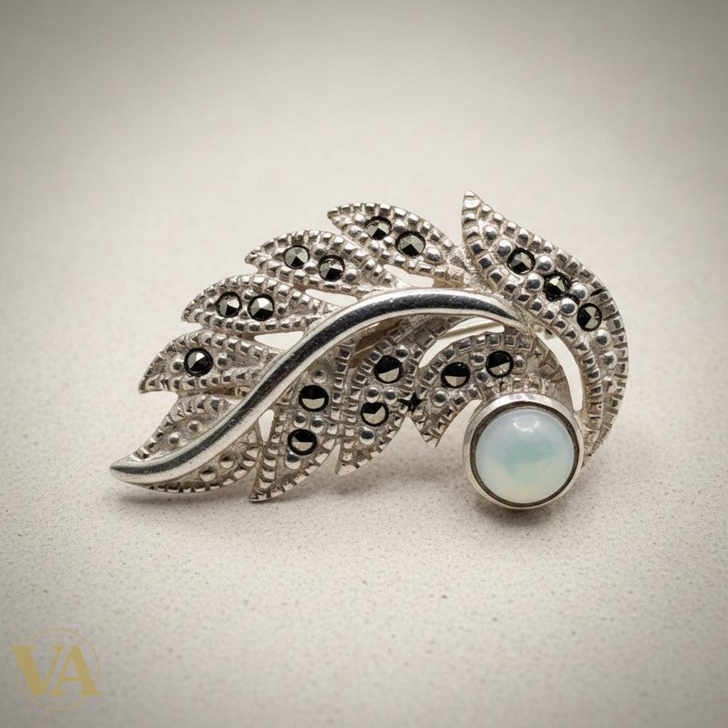 Vindicta Art Deco silver 925 leaf brooch with moonstone and marcasite
