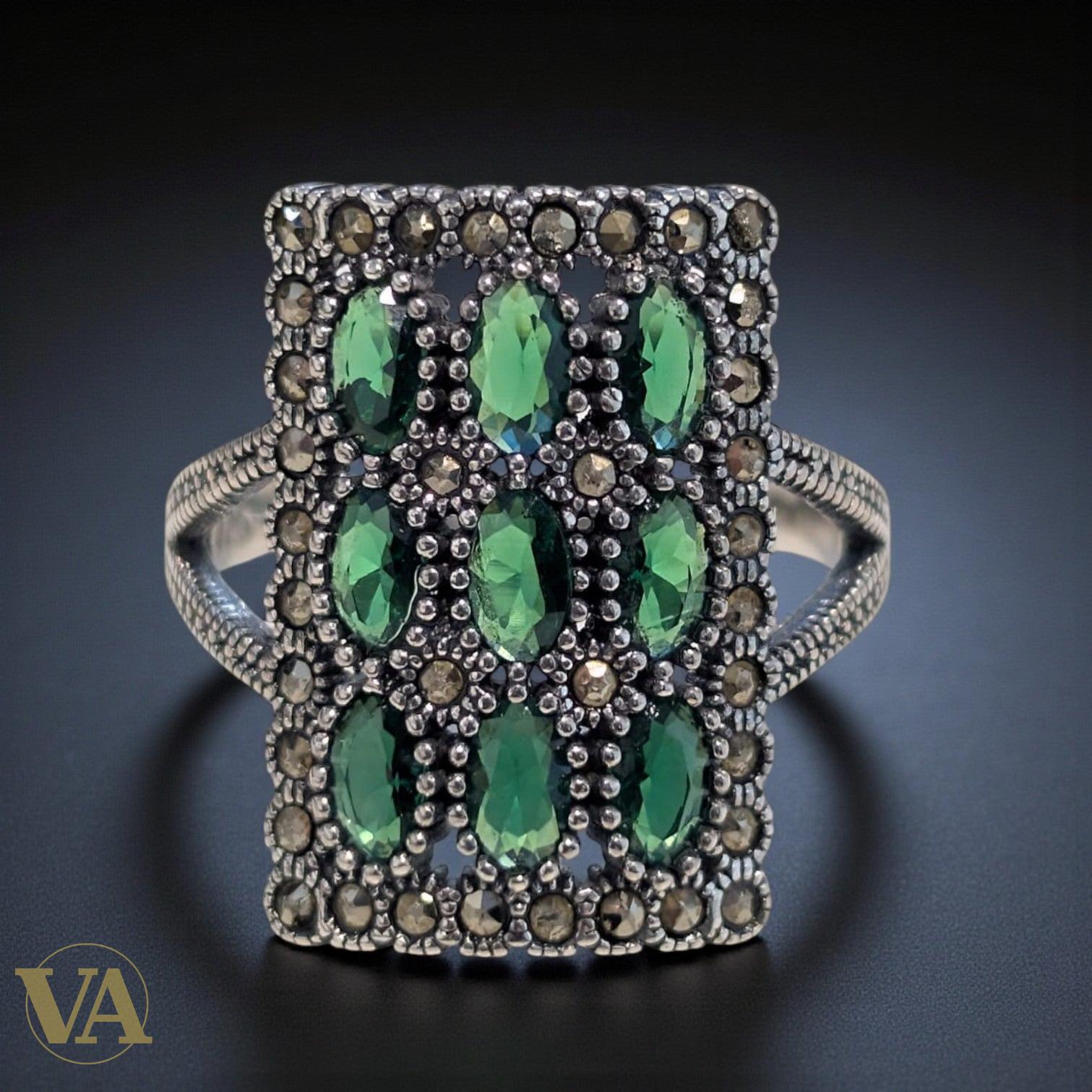 Bague rectangulaire argent 925 verte & marcassite vintage