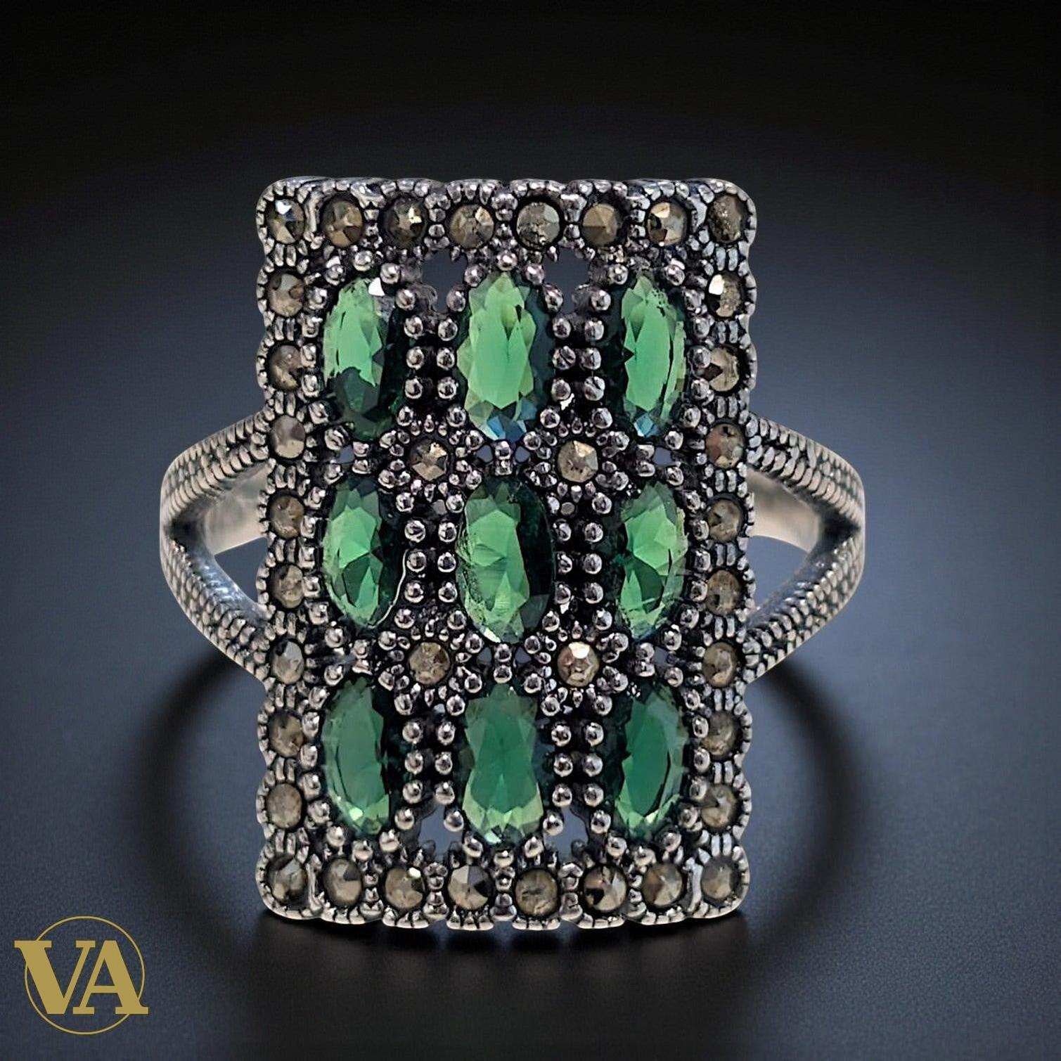 Bague femme rectangulaire argent 925 verte & marcassite vintage | Bijoux Vindicta