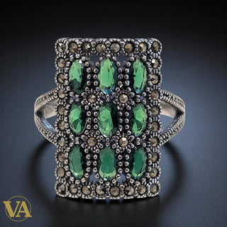 Bague femme rectangulaire argent 925 verte & marcassite vintage