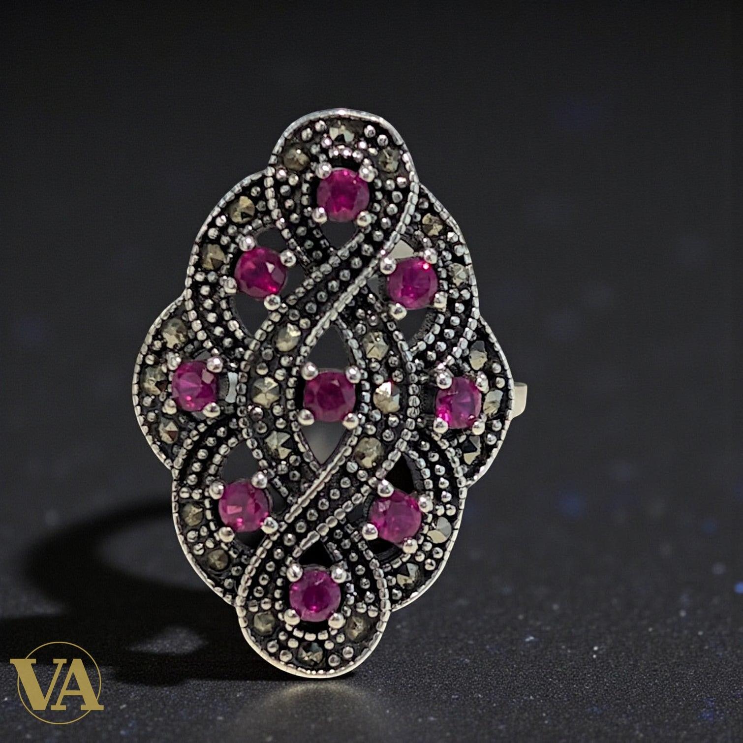 Bague femme arabesque argent 925 rose & marcassite vintage