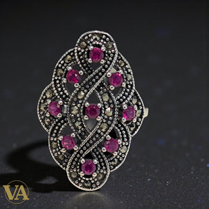 Bague femme arabesque argent 925 rose & marcassite vintage