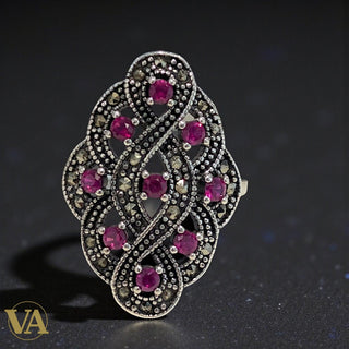 Bague femme arabesque argent 925 rose & marcassite vintage