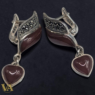 Boucles d'Oreilles Femme Cornaline Argent 925 Marcassite - Pendantes Cœur