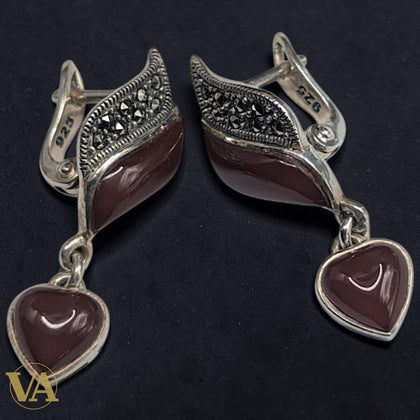 Boucles d'Oreilles Femme Cornaline Argent 925 Marcassite - Pendantes Cœur