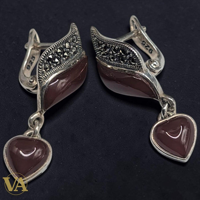 Boucles d'Oreilles Cornaline Argent 925 Marcassite - Pendantes Cœur
