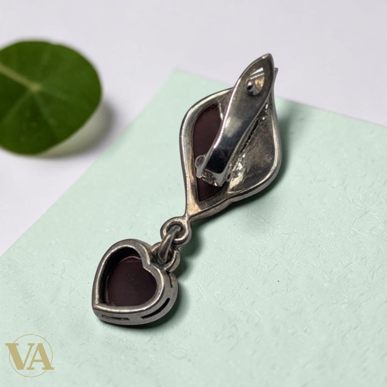 Boucles d'Oreilles Cornaline Argent 925 Marcassite - Pendantes Cœur