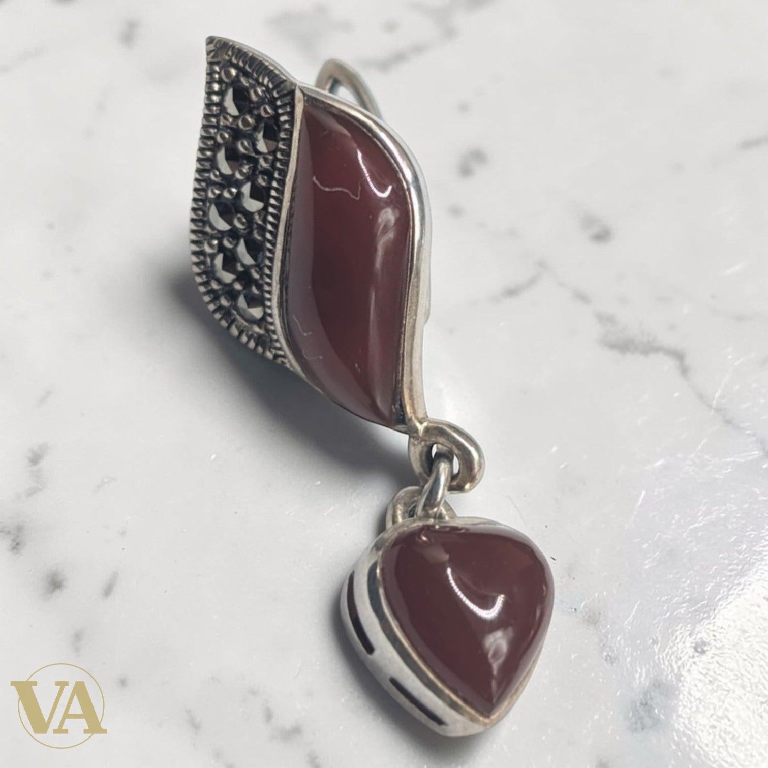 Boucles d'Oreilles Cornaline Argent 925 Marcassite - Pendantes Cœur